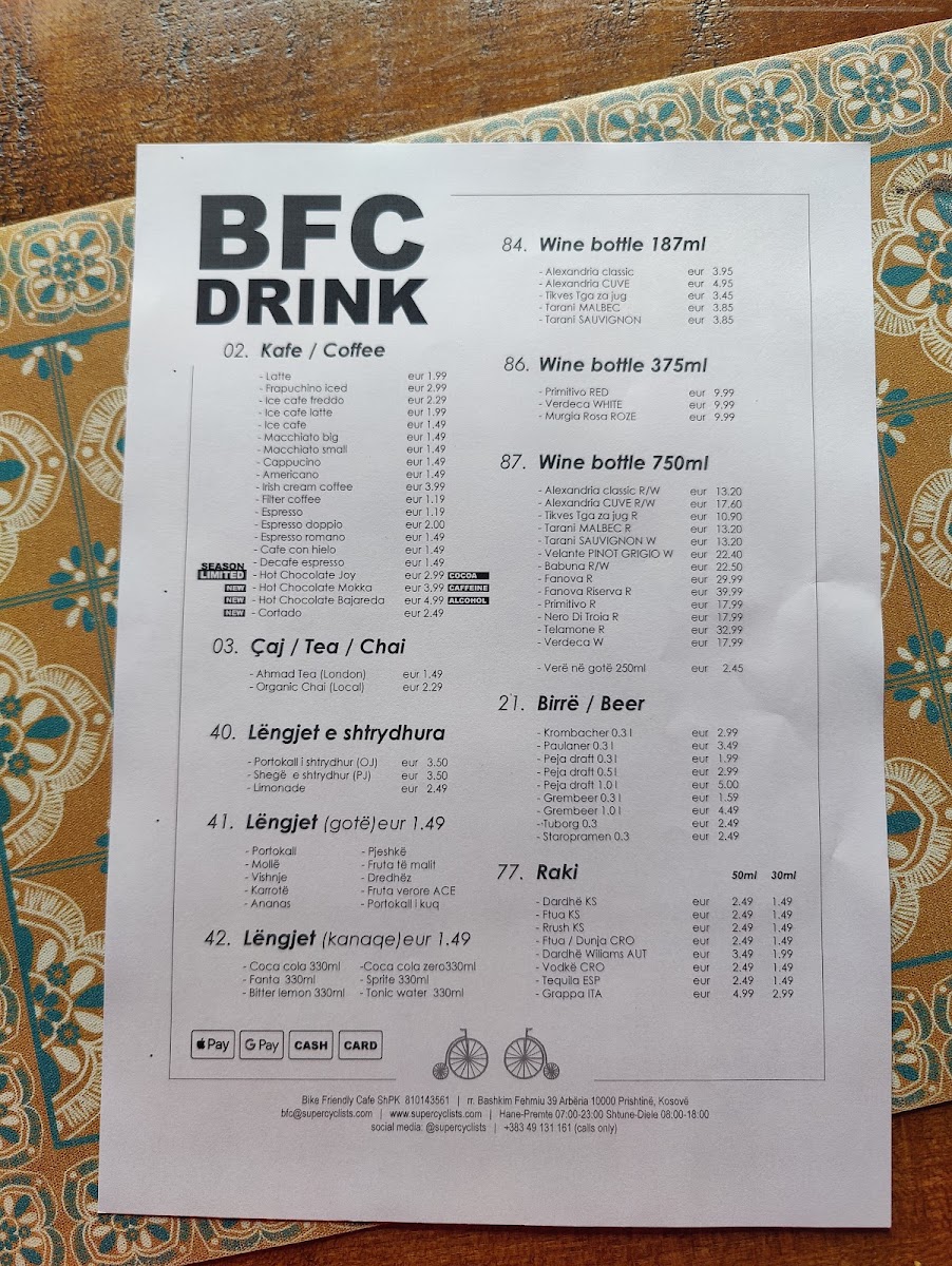 Bike Friendly Café & Shop menu board