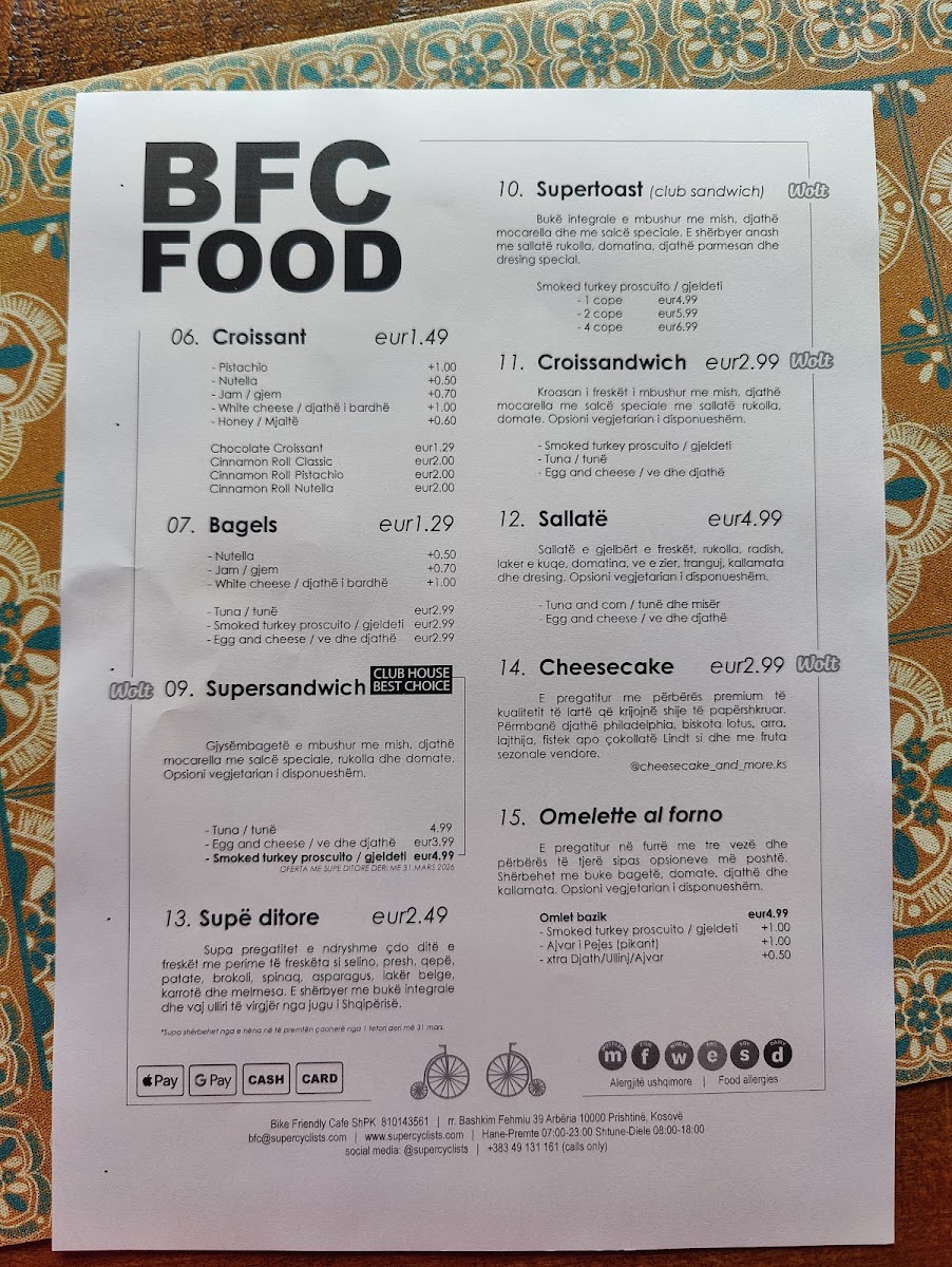 Bike Friendly Café & Shop menu board