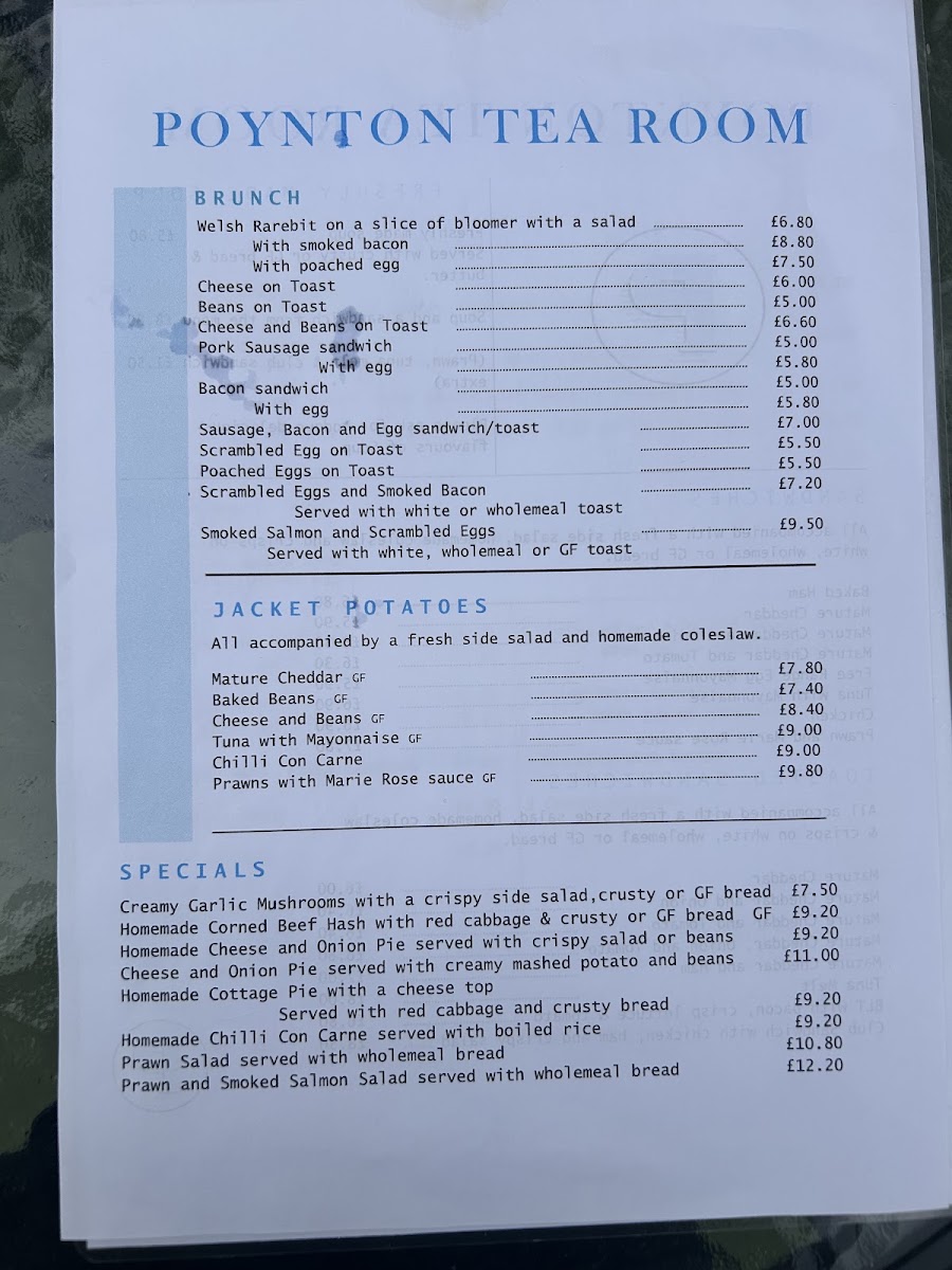 Poynton Tea Room menu board