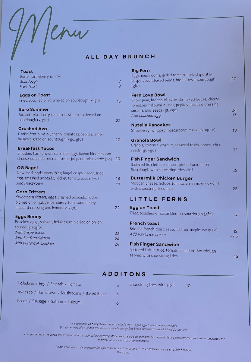 Fern Avenue Cafe menu board