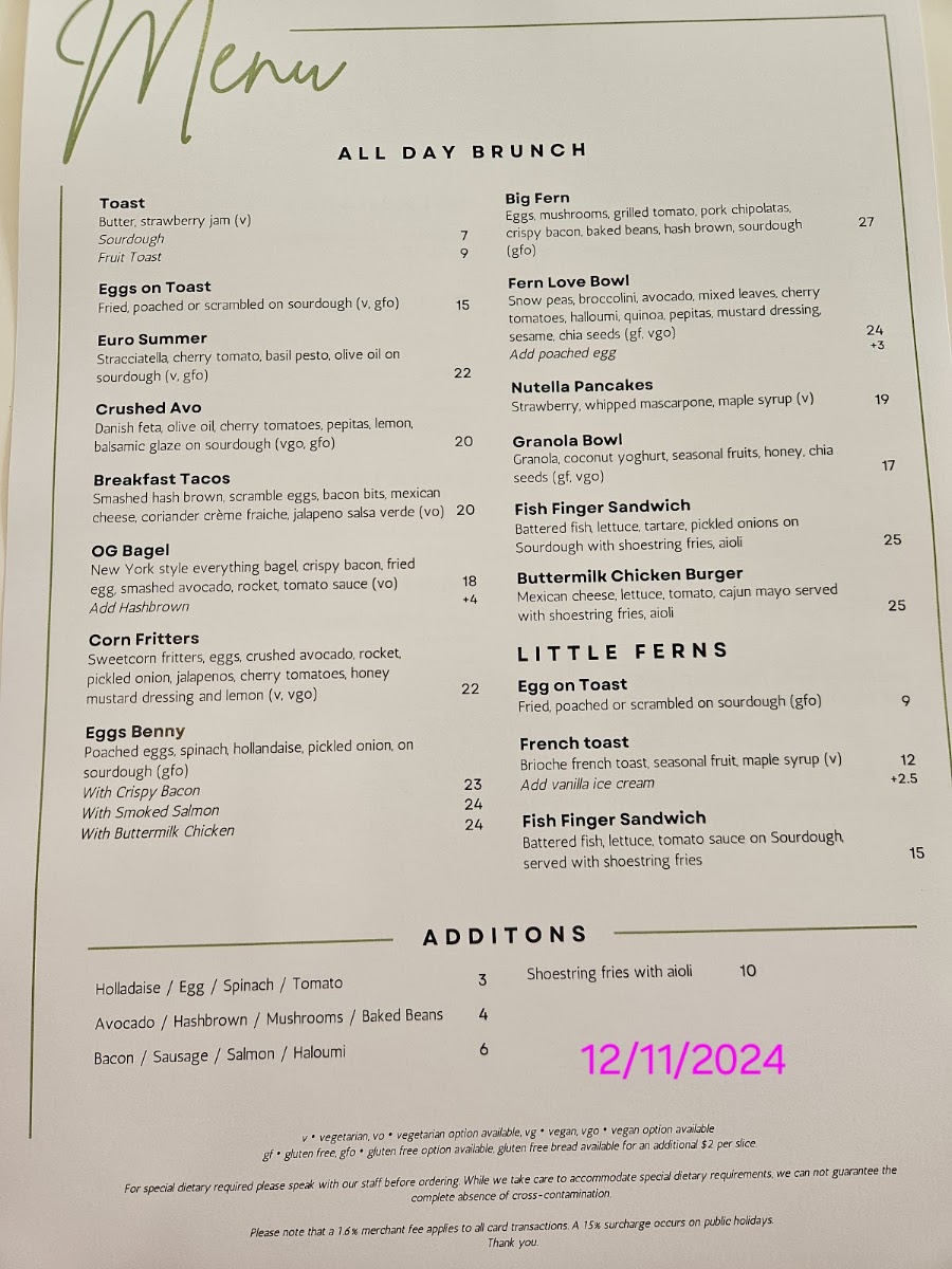 Fern Avenue Cafe menu board