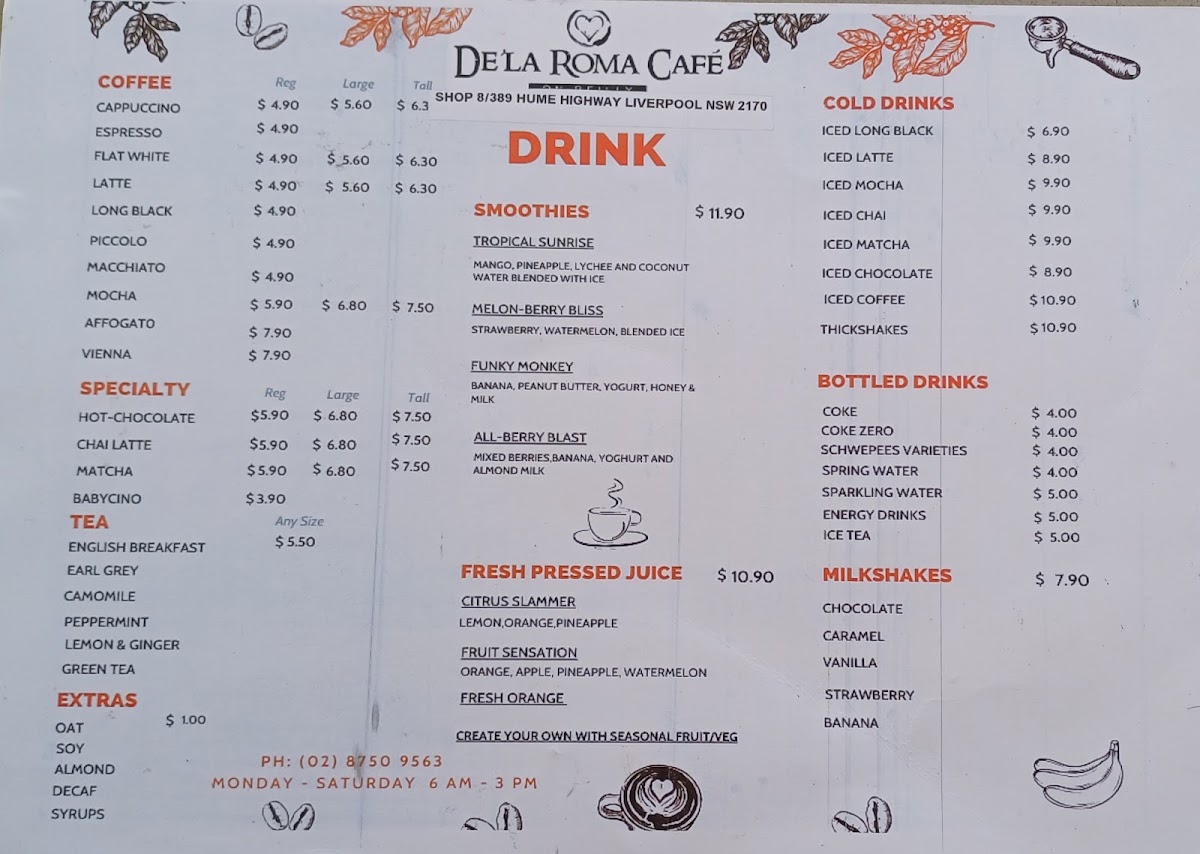 De la Roma menu board