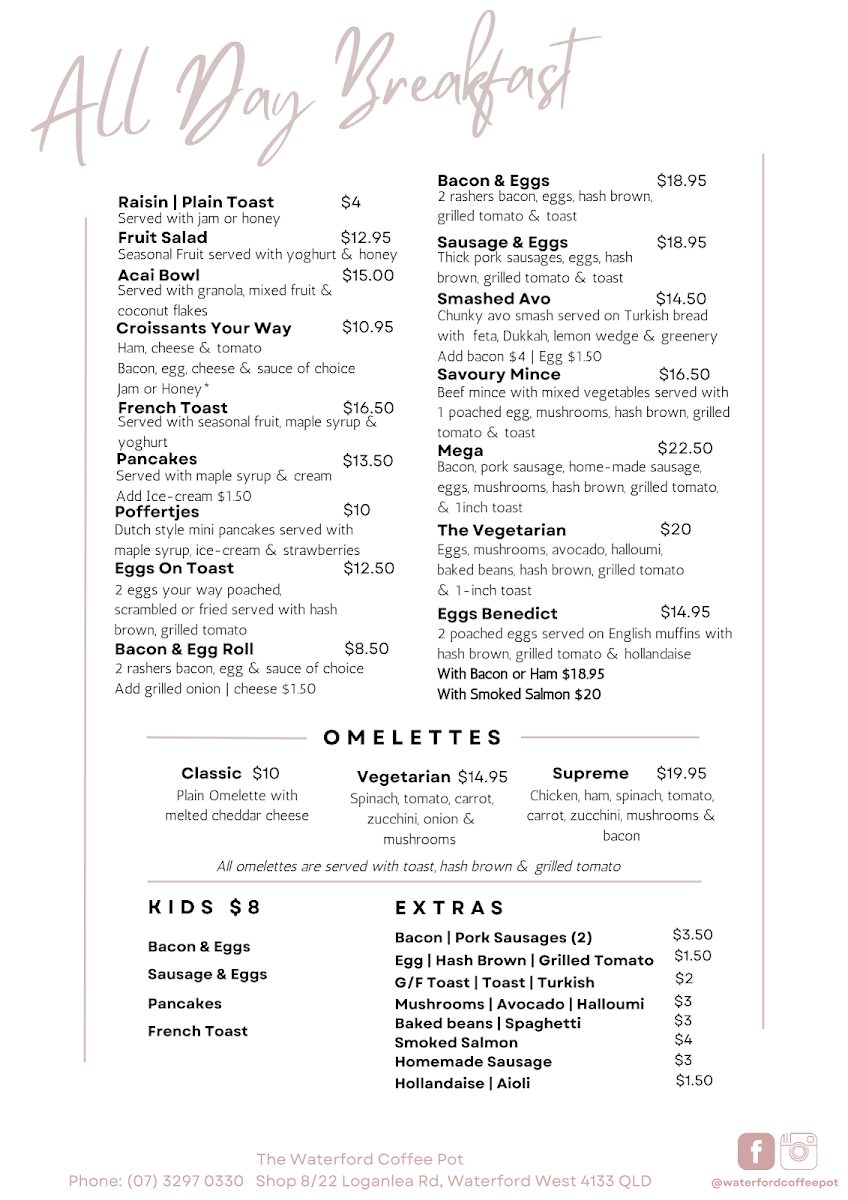 The Waterford Coffee Pot menu board