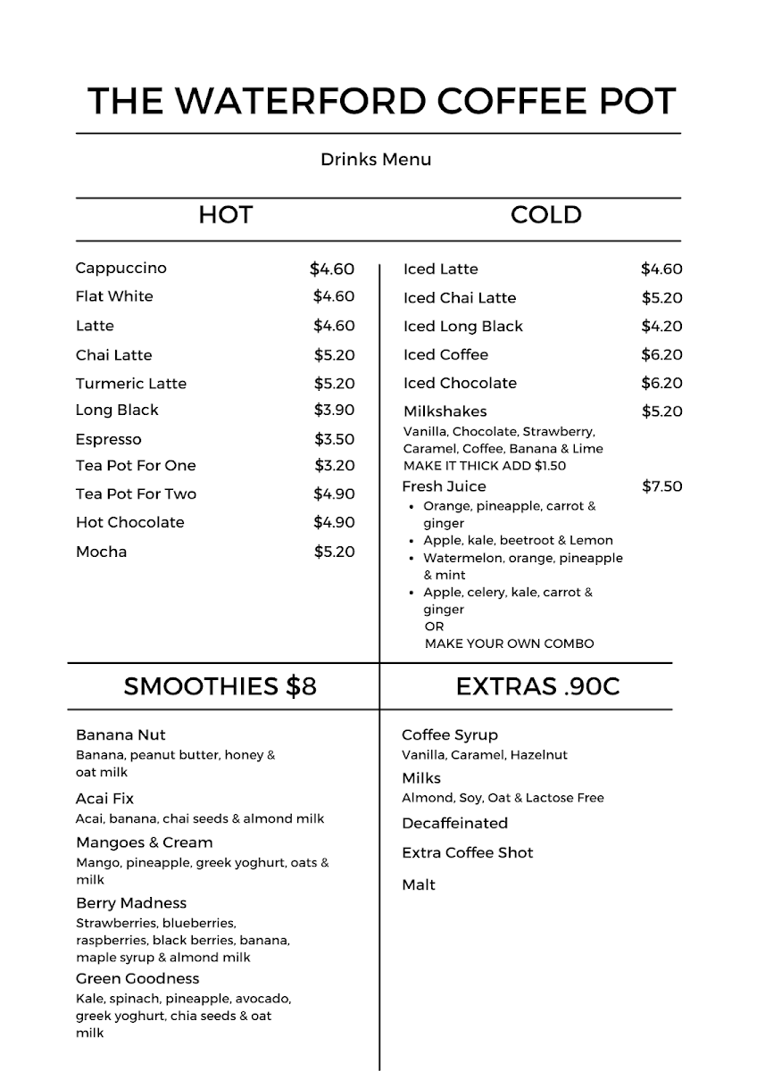 The Waterford Coffee Pot menu board