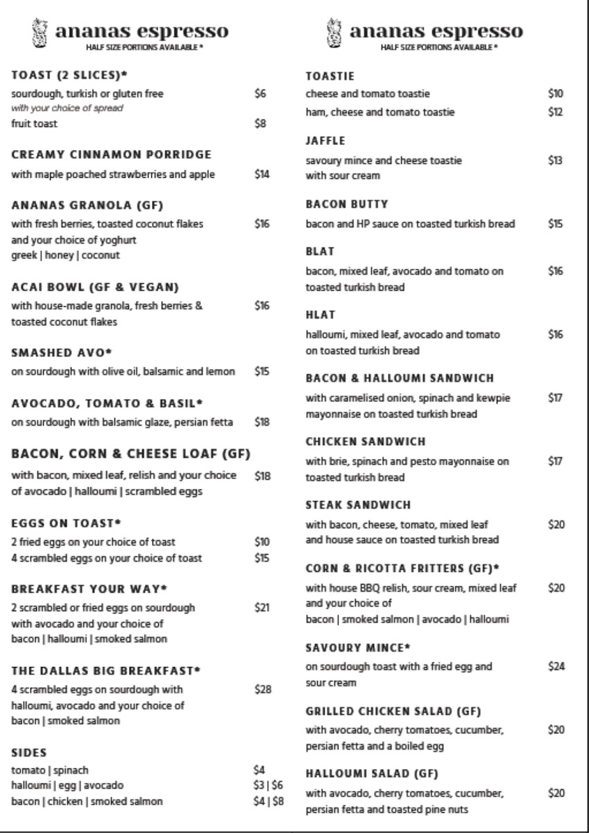 Ananas Espresso menu board