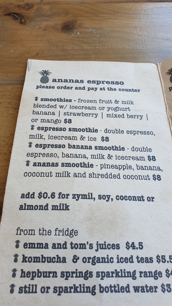 Ananas Espresso menu board