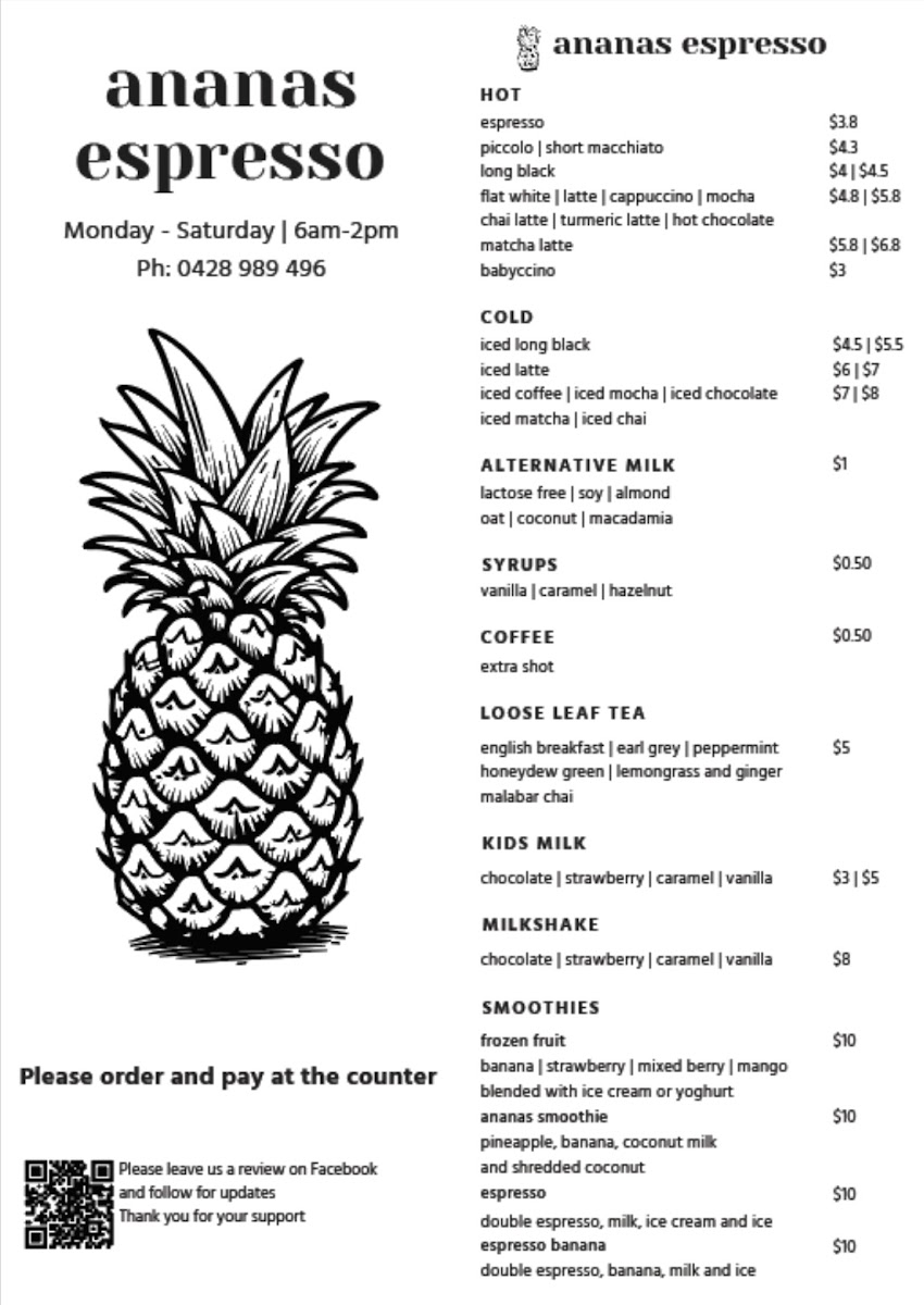 Ananas Espresso menu board