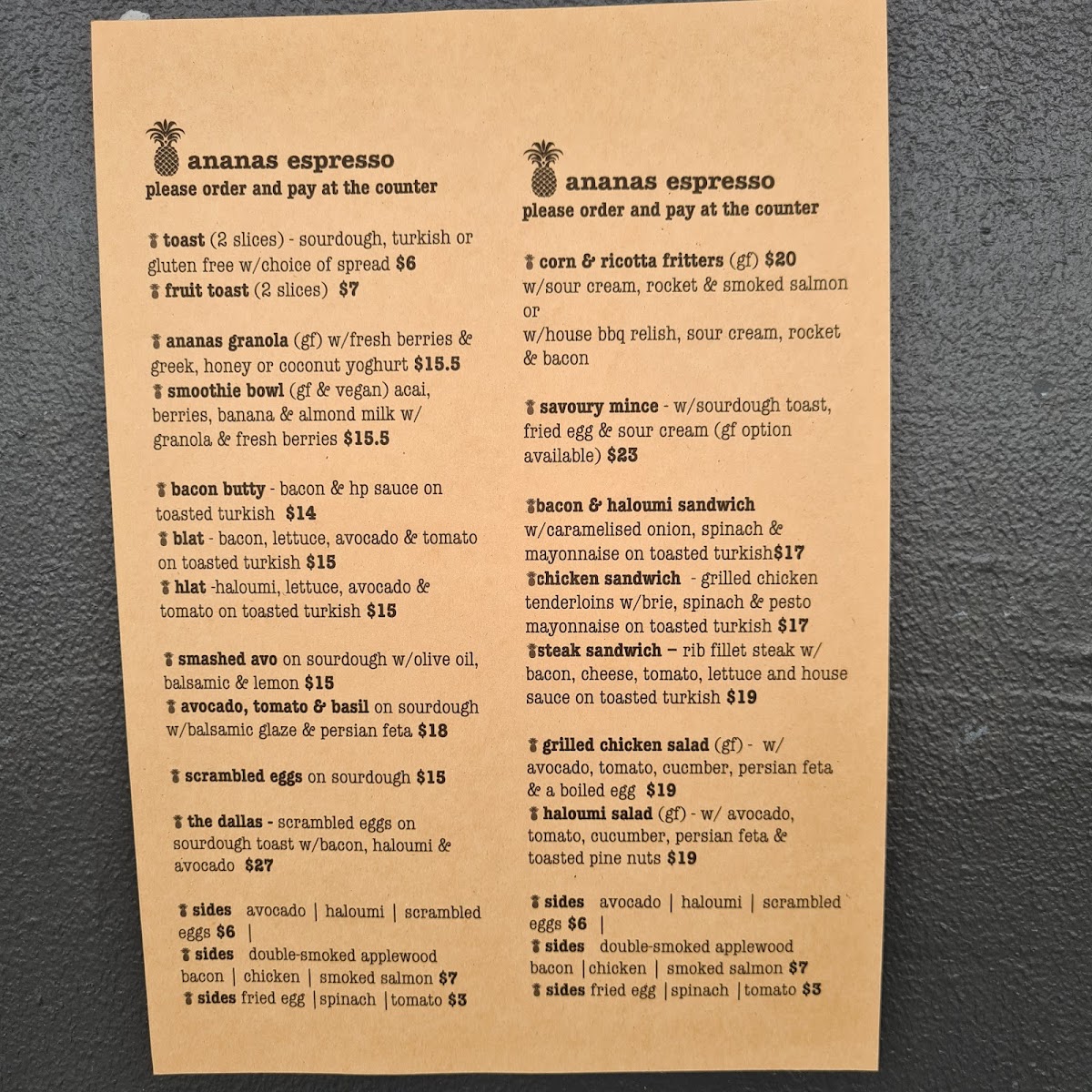 Ananas Espresso menu board