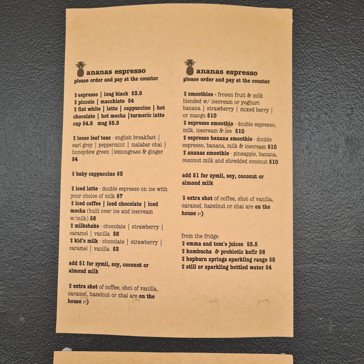 Ananas Espresso menu board