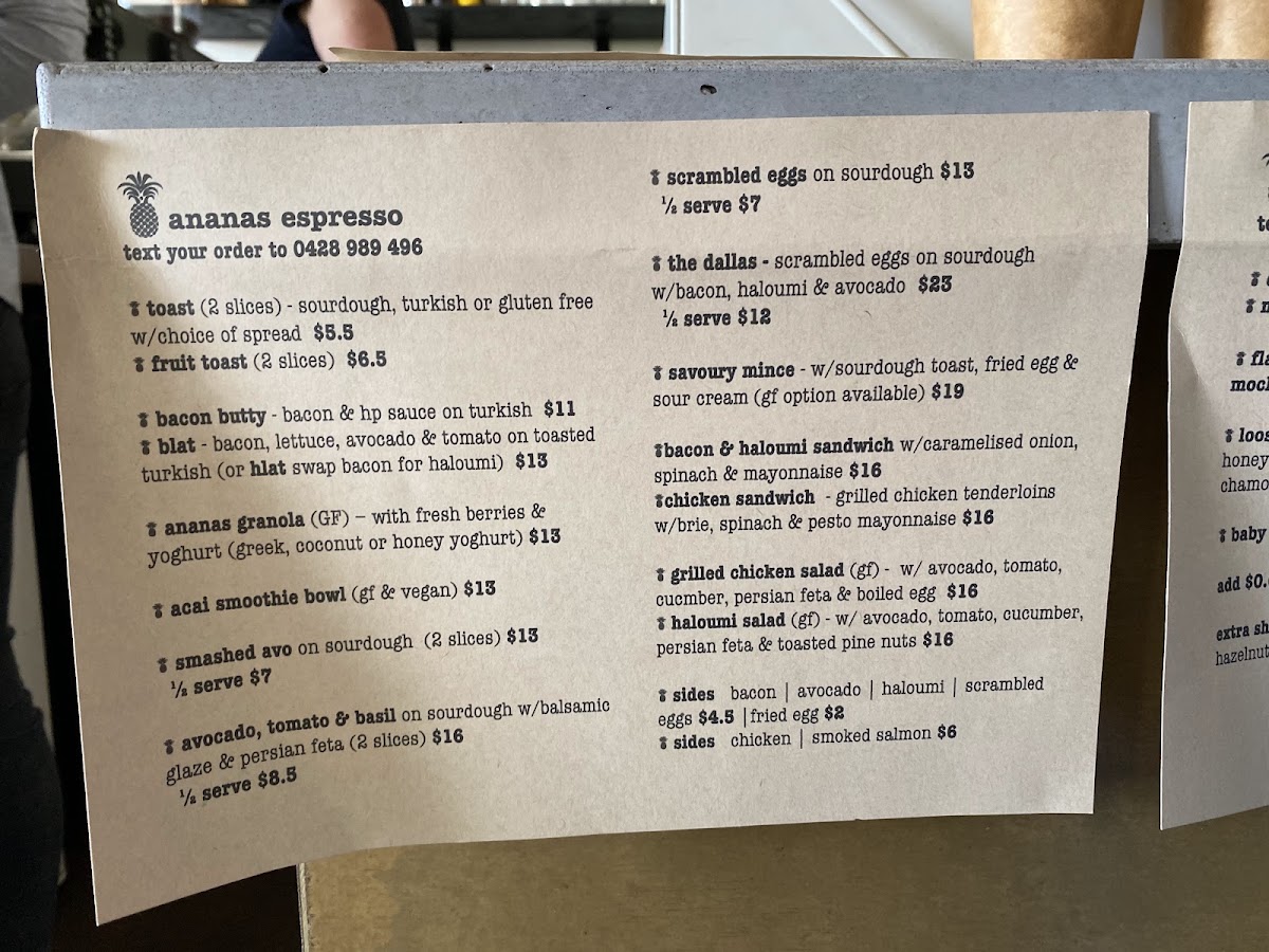 Ananas Espresso menu board