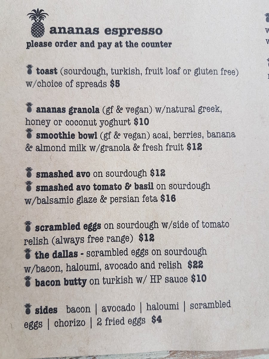 Ananas Espresso menu board