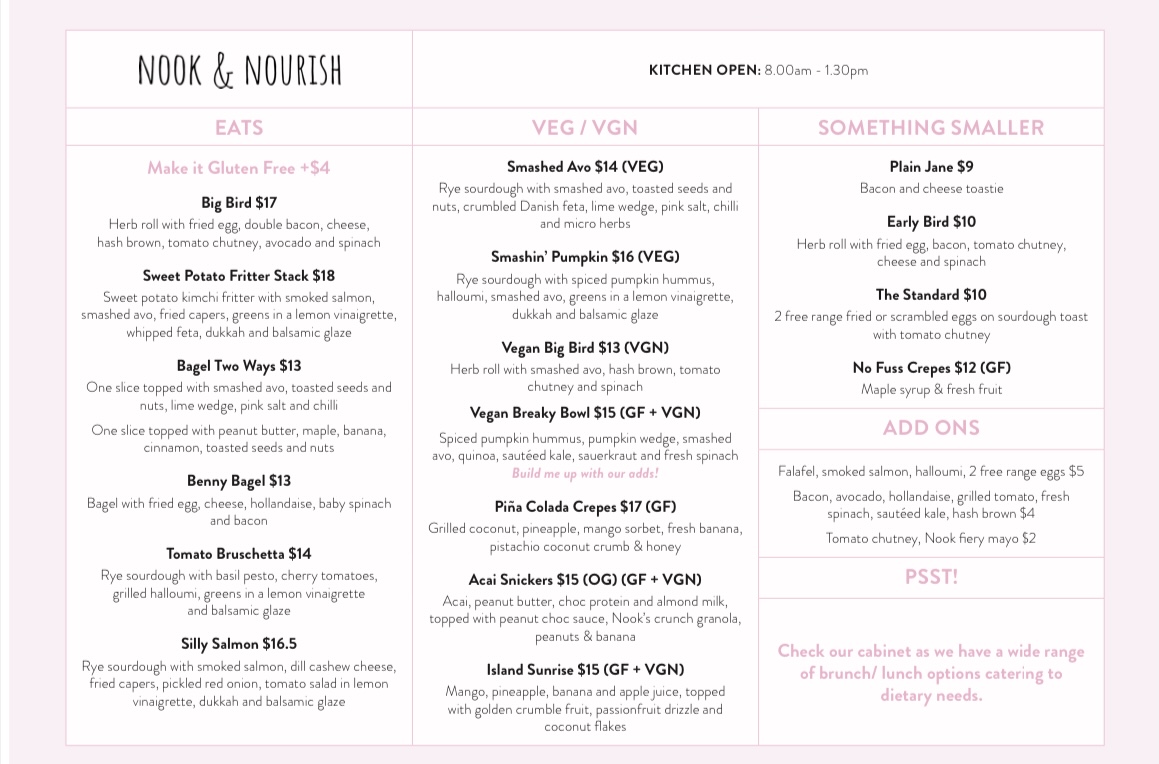 Nook & Nourish menu board