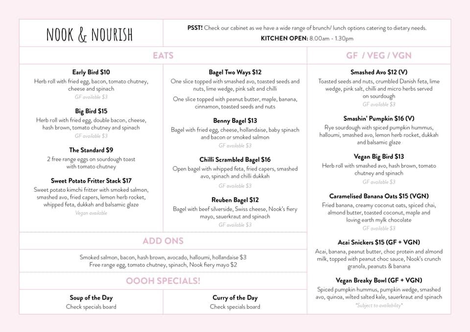 Nook & Nourish menu board