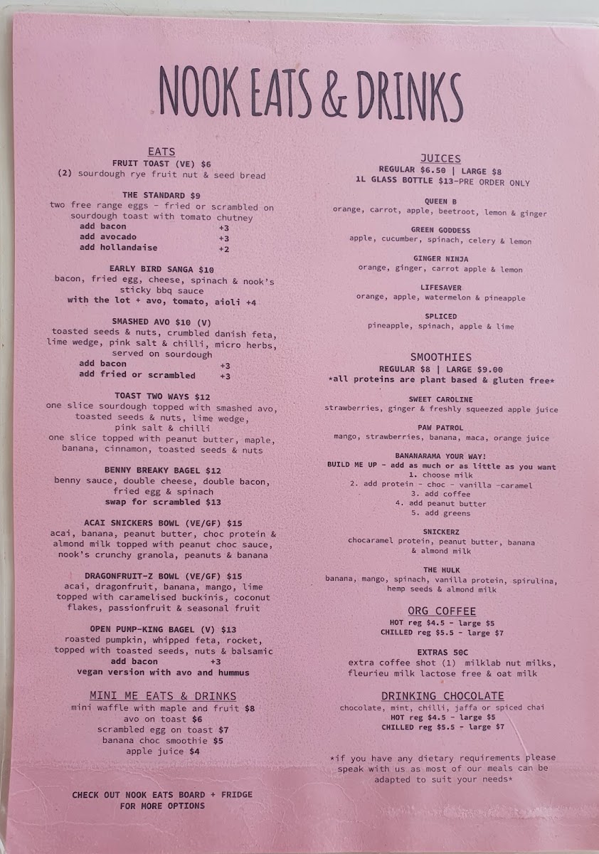 Nook & Nourish menu board