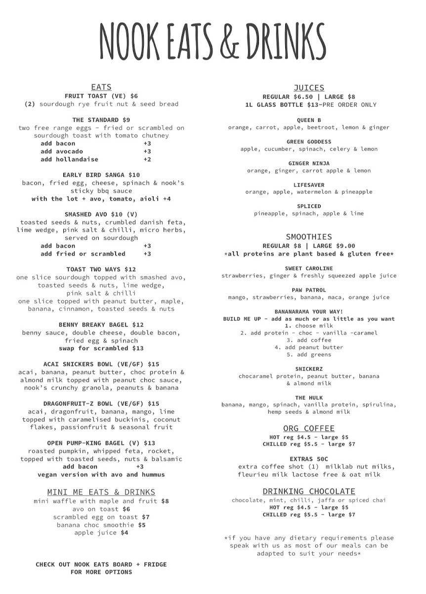 Nook & Nourish menu board