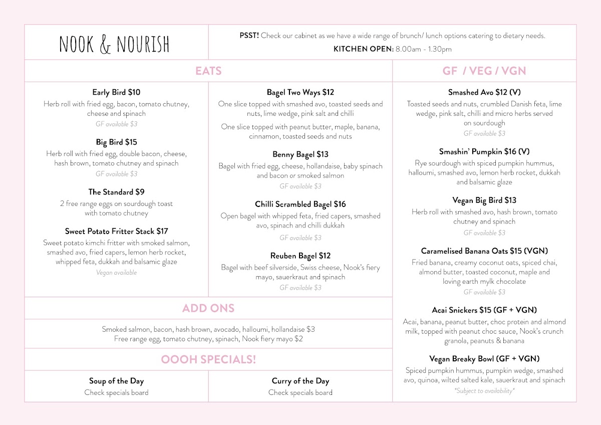 Nook & Nourish menu board