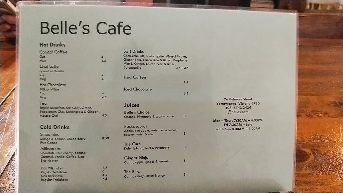 Belle's Cafe menu board