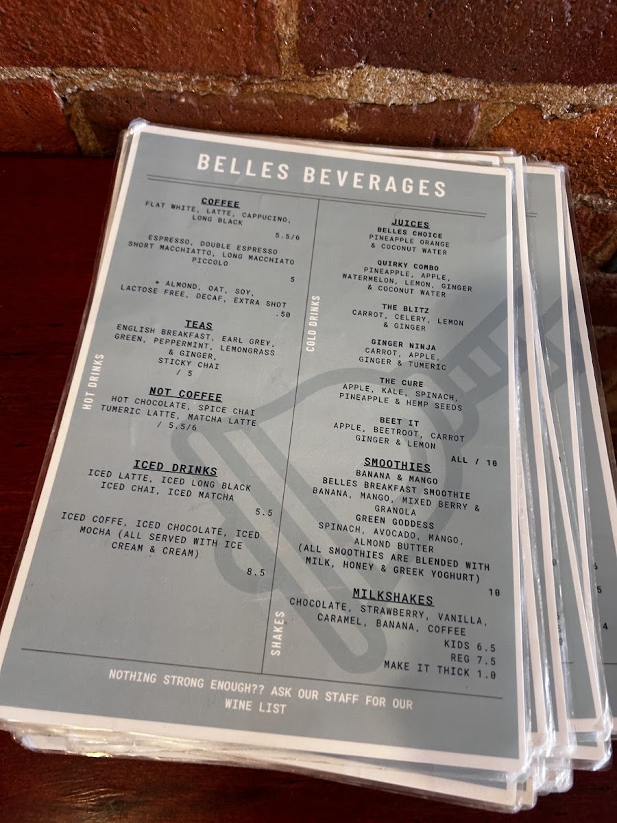 Belle's Cafe menu board