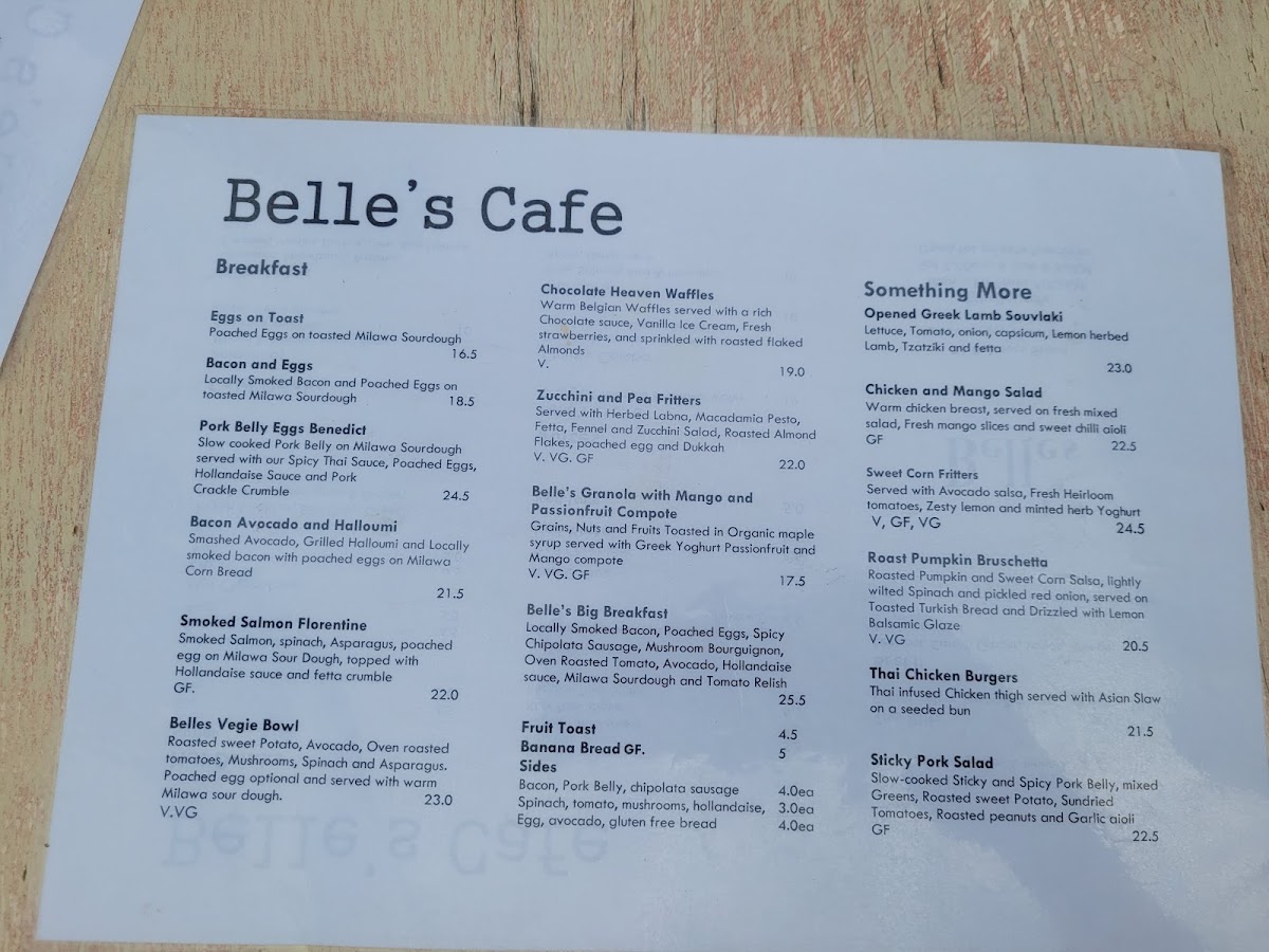 Belle's Cafe menu board