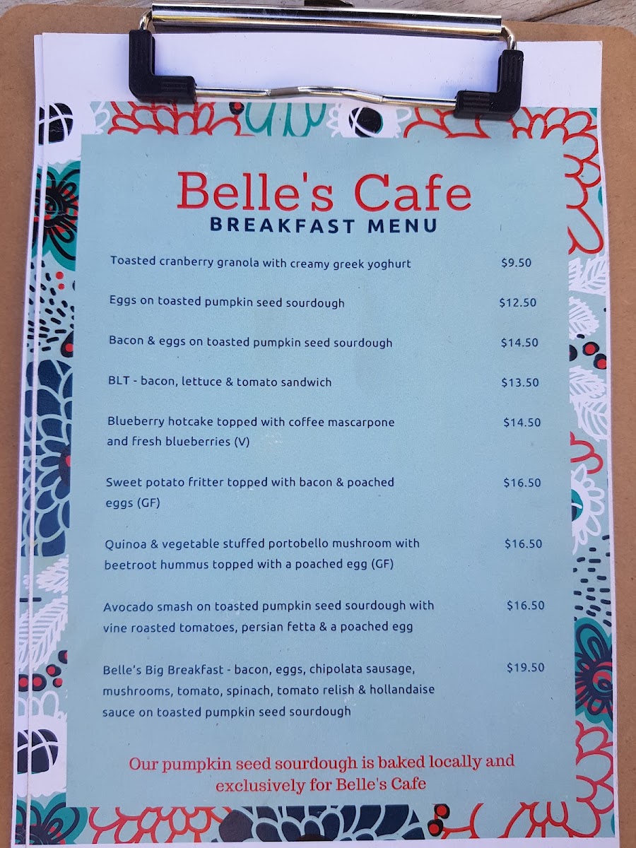 Belle's Cafe menu board