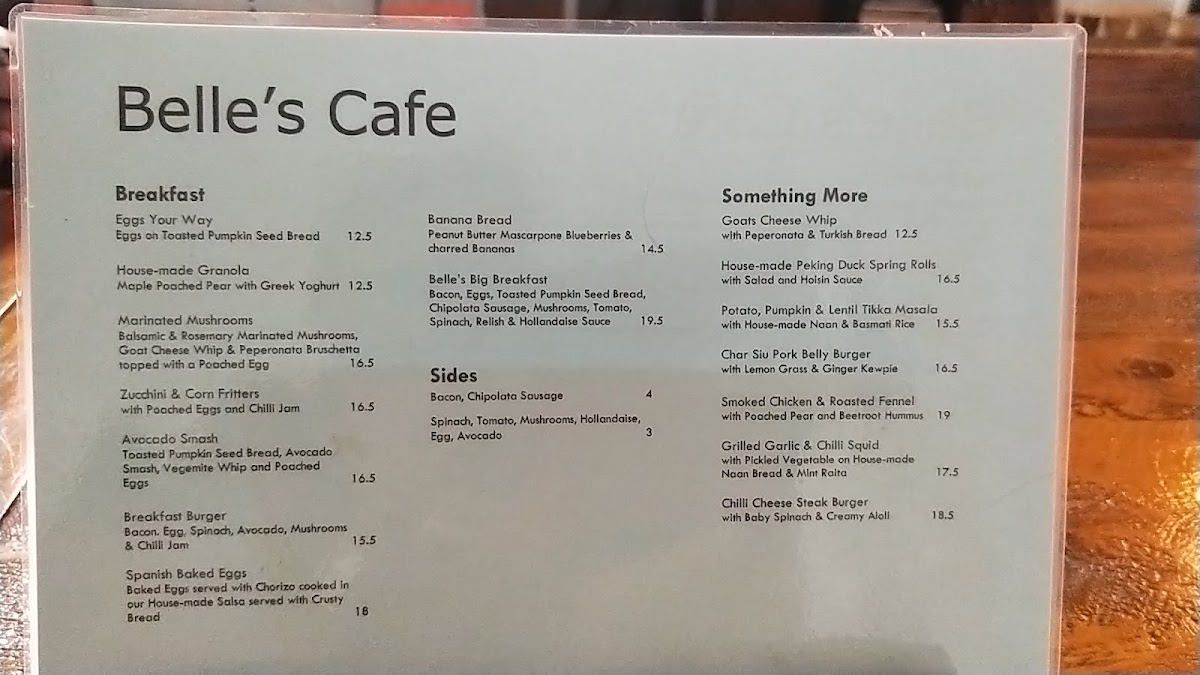Belle's Cafe menu board