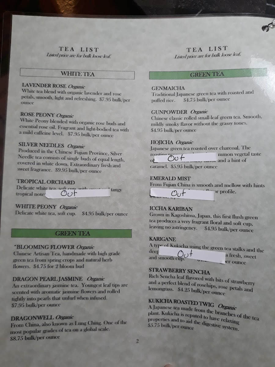 The Northern Tea House menu board