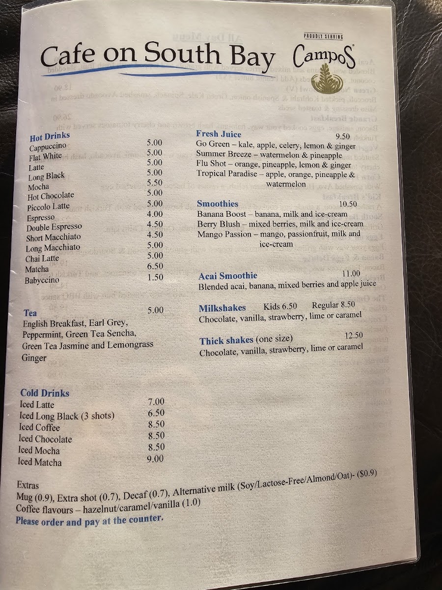 Cafe on South Bay menu board