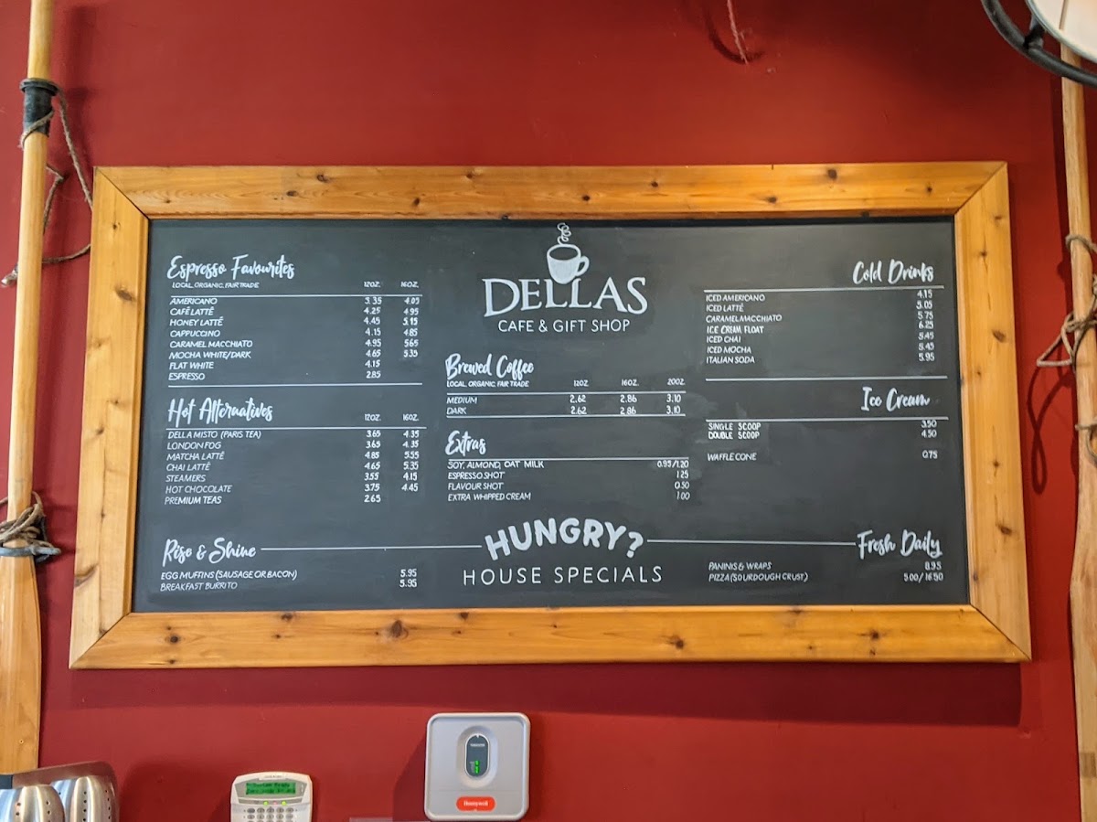 Dellas Cafe and Gift Shop menu board