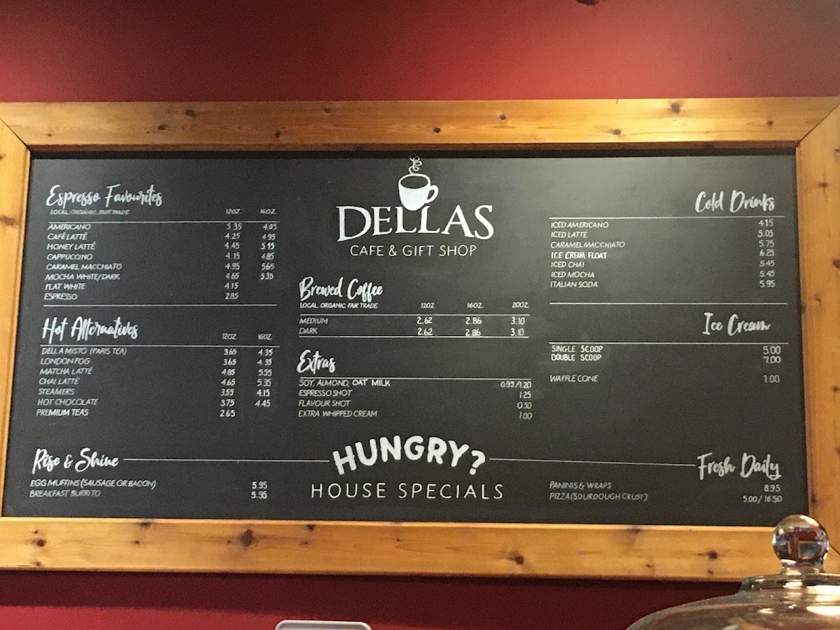 Dellas Cafe and Gift Shop menu board