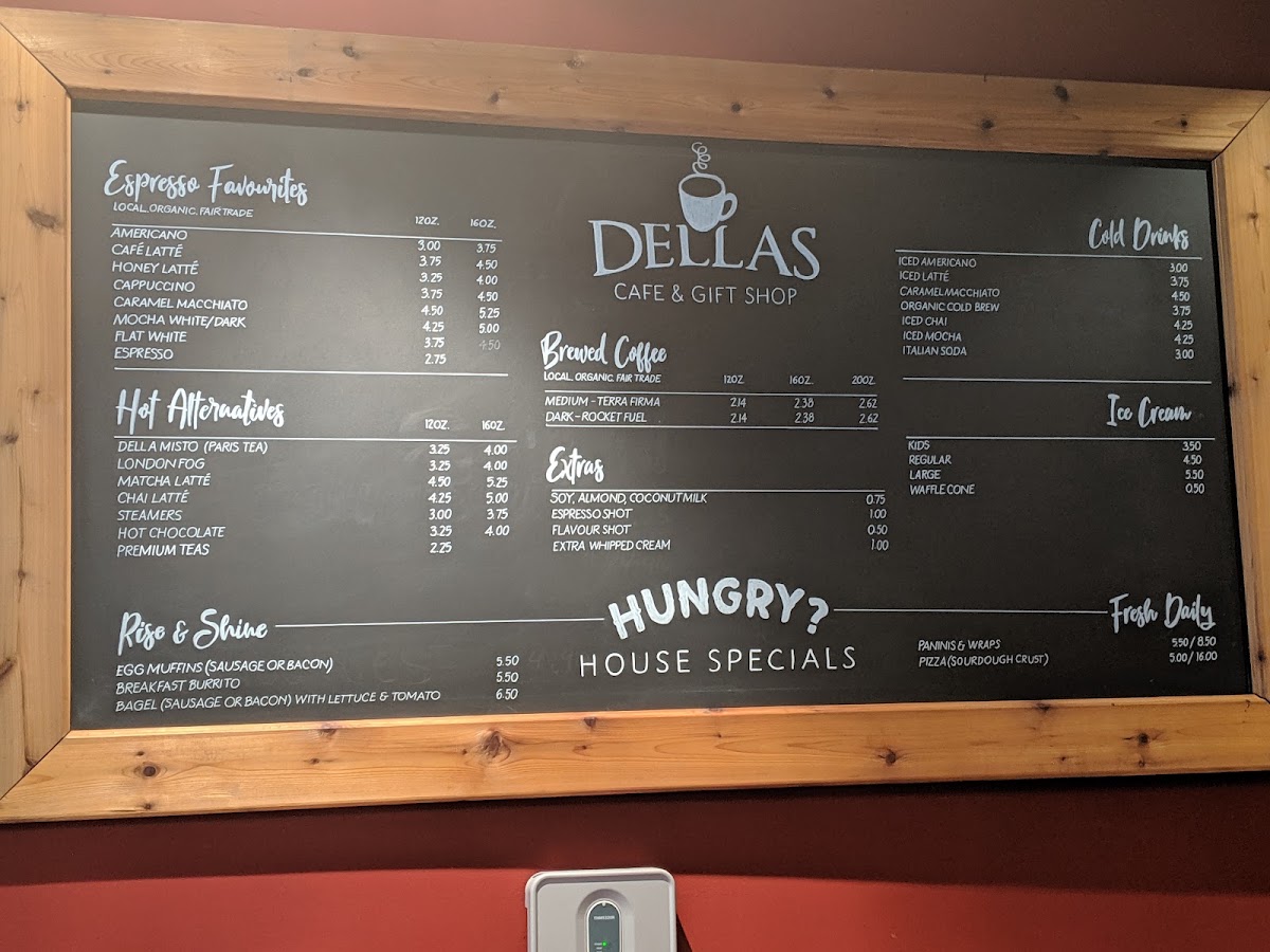 Dellas Cafe and Gift Shop menu board
