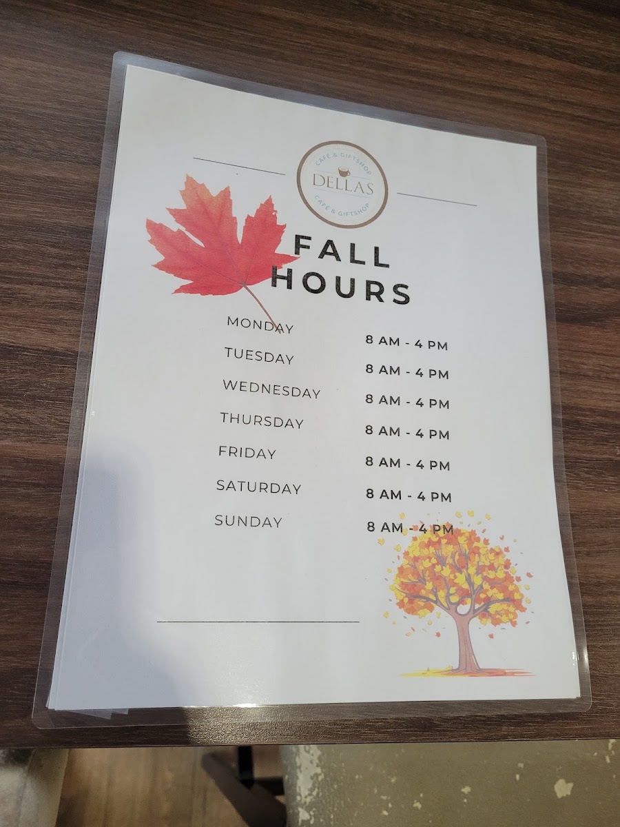 Dellas Cafe and Gift Shop menu board