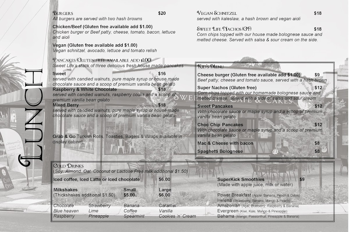 Sweet Life Cafe & Cakes menu board