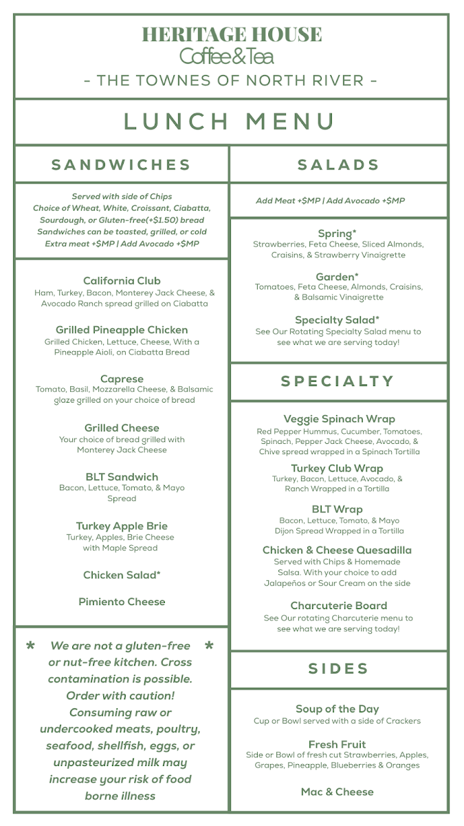 Heritage House North River menu board