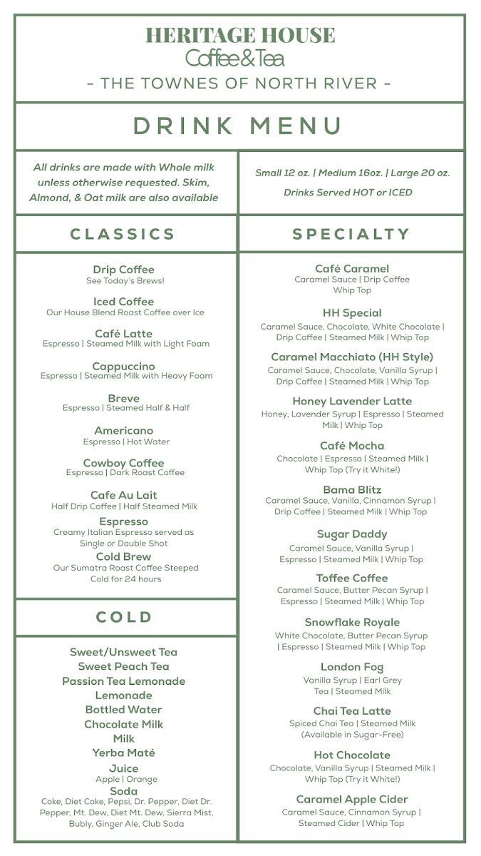 Heritage House North River menu board
