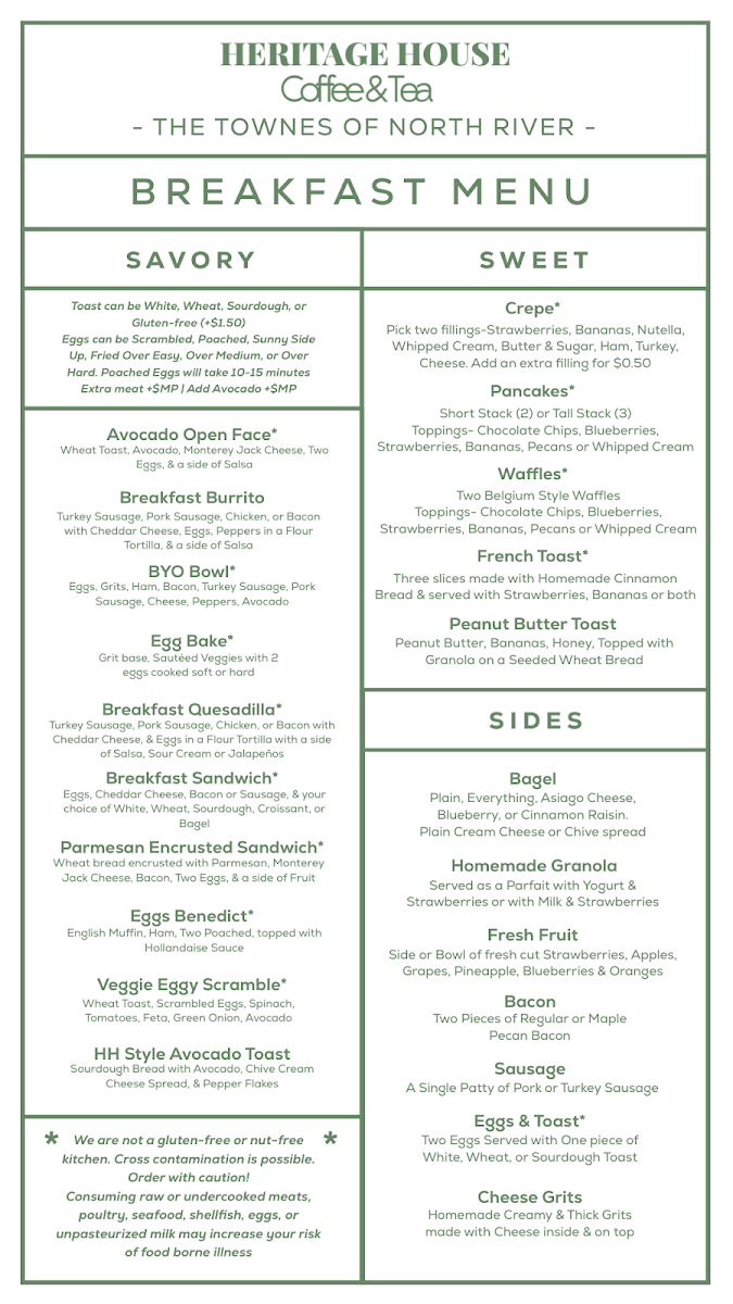 Heritage House North River menu board