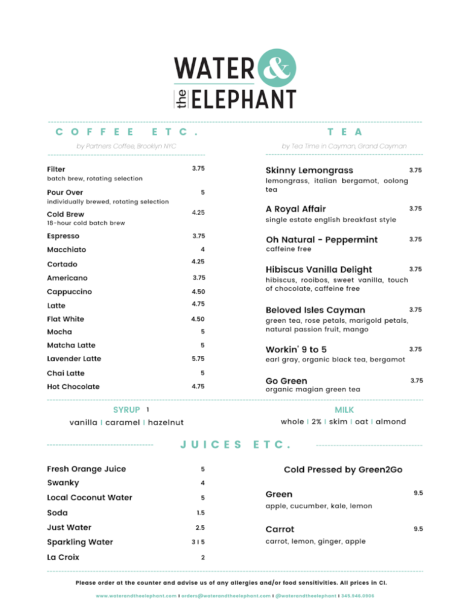 Water & the Elephant menu board