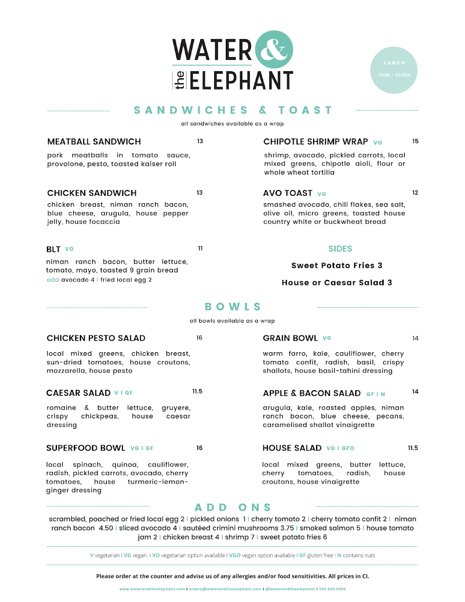 Water & the Elephant menu board