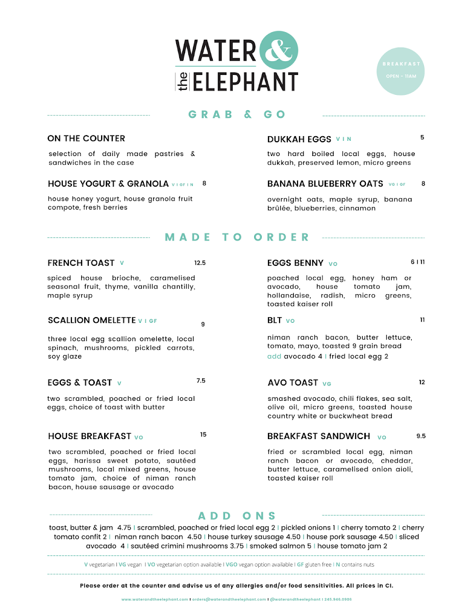 Water & the Elephant menu board