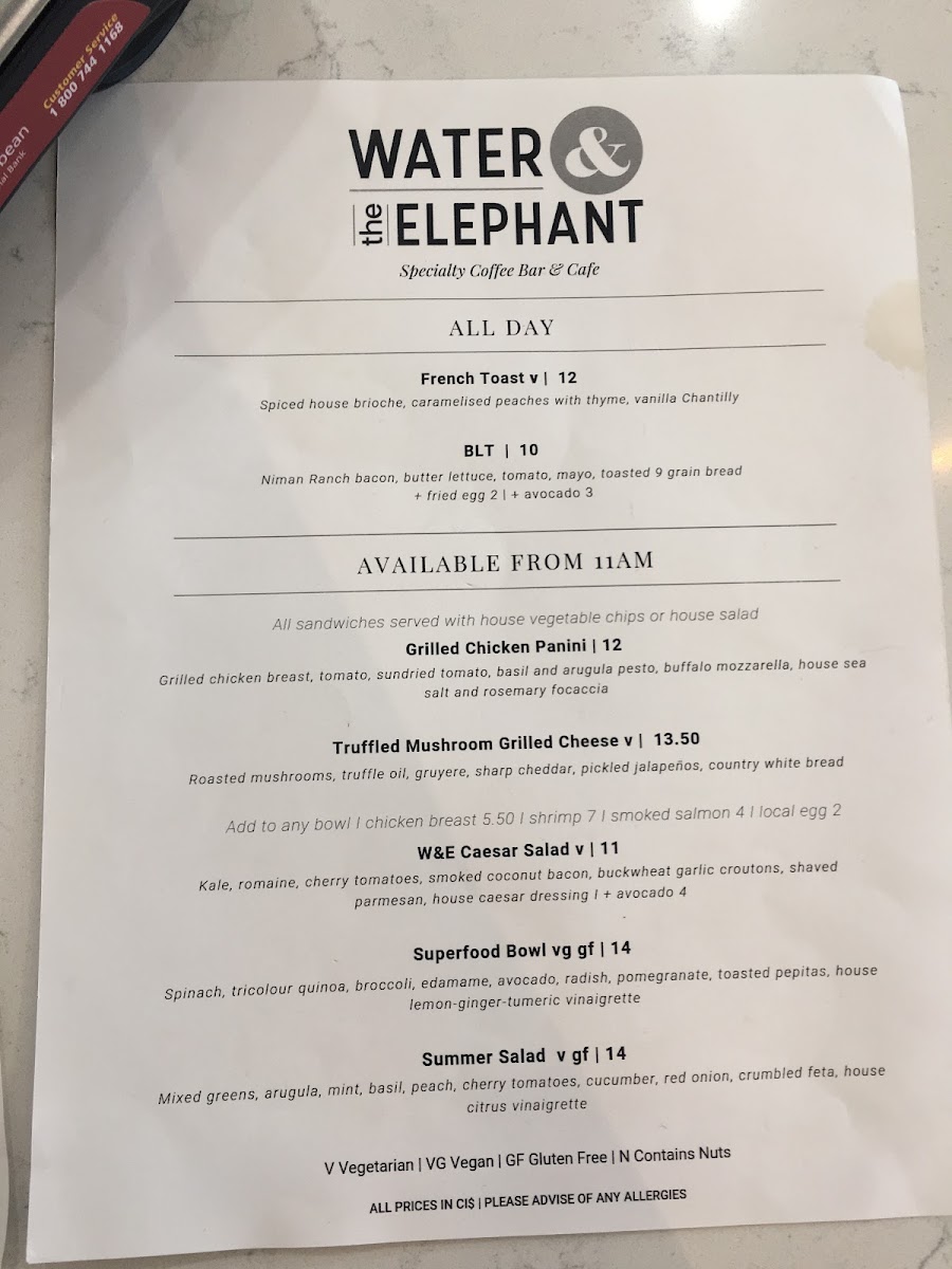 Water & the Elephant menu board