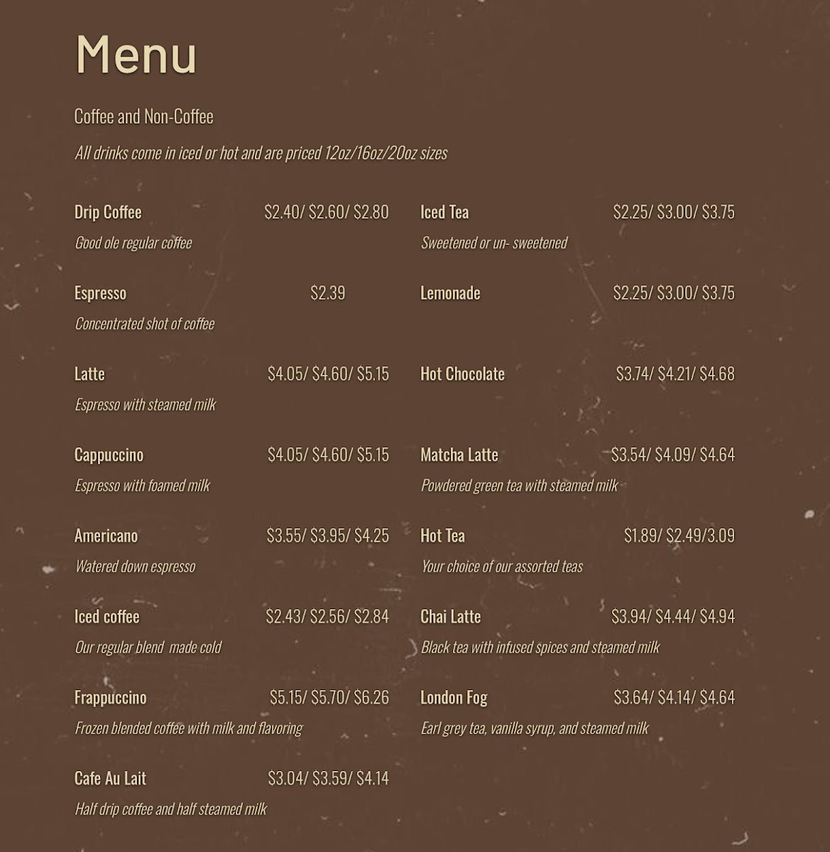 Caledonia Café menu board