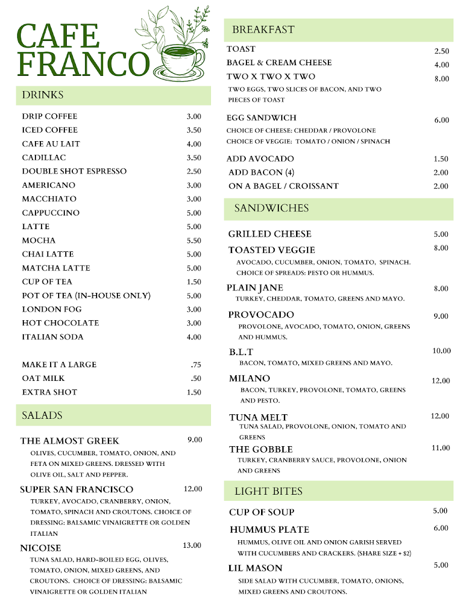 Cafe Franco menu board