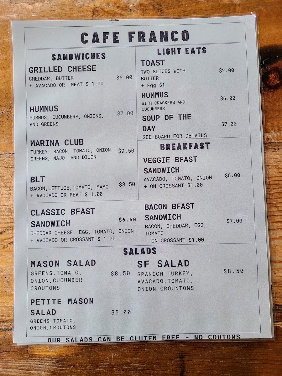Cafe Franco menu board