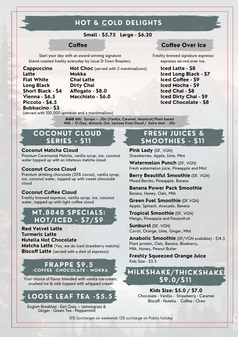 Mt. 8848 Cafe and Restaurant menu board