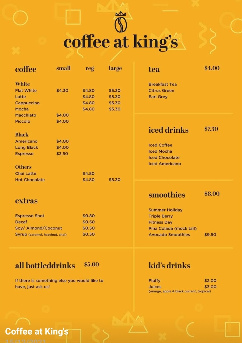 Coffee at King's menu board