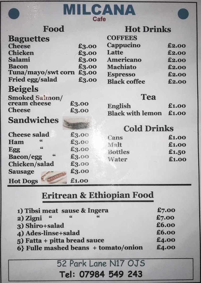 Milcana Ethiopian & Eritrean Cafe menu board