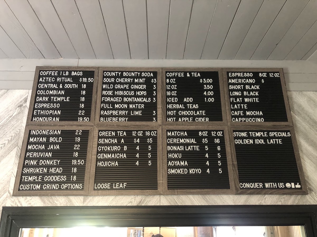 Stone Temple Coffees menu board