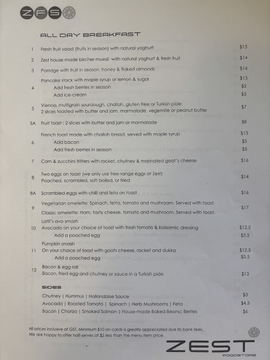 Zest in Food menu board