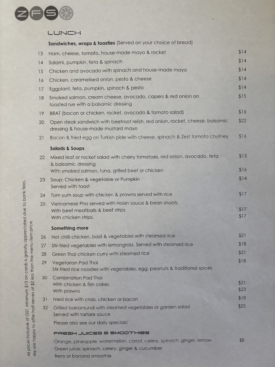 Zest in Food menu board