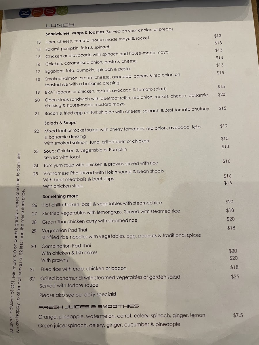 Zest in Food menu board