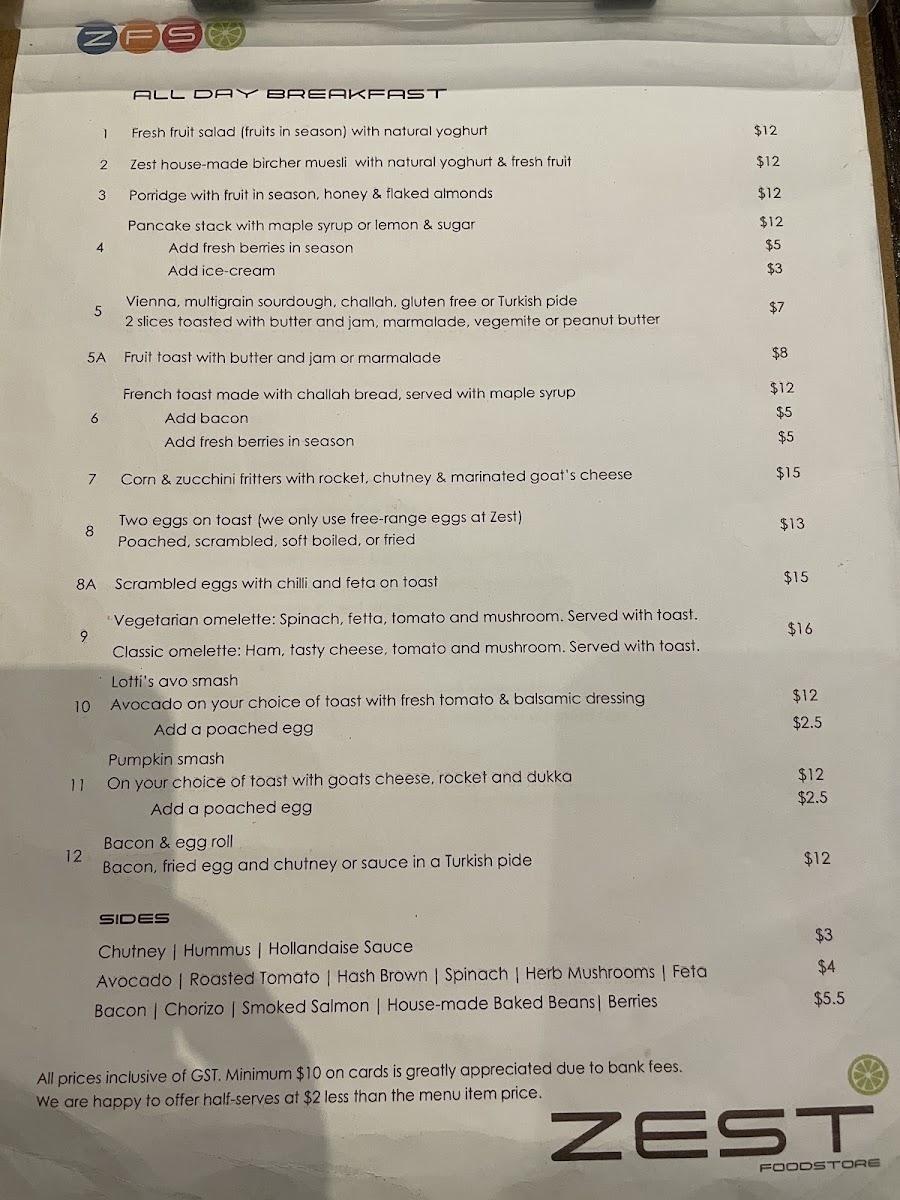 Zest in Food menu board